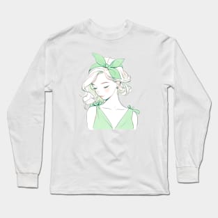 Minimalist line art pretty girl in green Long Sleeve T-Shirt